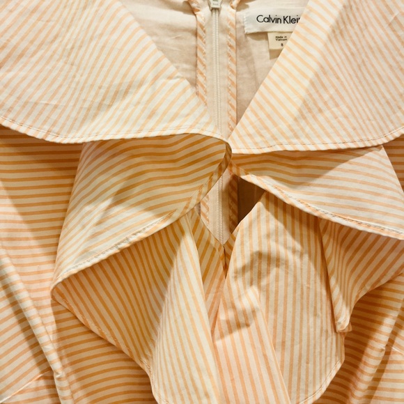 Calvin Klein NWT - Pink/White Striped Ruffle Neck Wrap Dress with Waist Tie - Picture 3 of 5